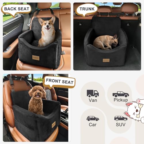 JOEJOY Dog Car Seats for Small Medium Dogs Under 35lbs, Dog Booster Seat with Detachable Washable Cover and Cushion, Memory Foam Pet Car Seat with Safety Belt and Storage Pockets (Black)
