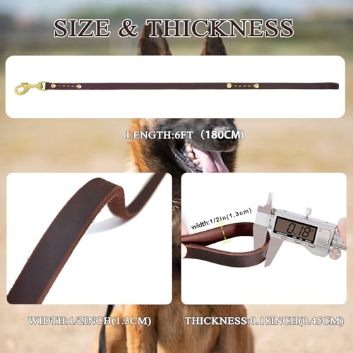 Leather Dog Leash 6 ft x 1/2 inch Heavy Duty Genuine Leather Dog Training Leash Soft and Strong Leather Leash for Small and Medium Dogs Brown