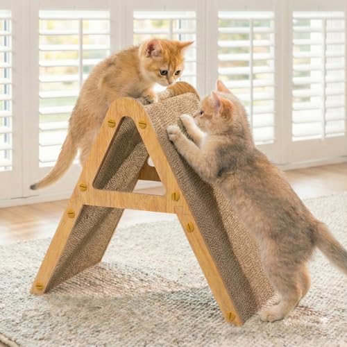 Cat Scratcher Cardboard with Wood Frame, 3-in-1 Vertical & Horizontal Scratching Pad, Reversible Cat Scratch Board, Durable Furniture Protector for Kittens & Small Cats