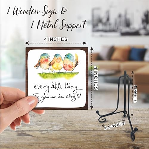 4" Bird Decor - Every Little Thing Is Gonna Be Alright - Spring Decor Watercolor Adorable Birds, Positive Quotes Wooden Plaque Desk Decor, Uplifting Gifts, Spring Decor for Home Decorations - A20