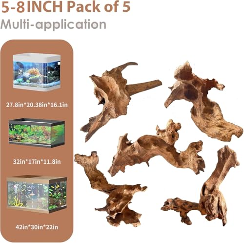 Jorewood Natural Small Aquarium Driftwood for Fish Tanks & Reptile Terrariums – 100% Safe Fish Tank Decorations, Unique Twisted Branches 5-Piece 4-8 Inch Low Tannin, Easy to Sink