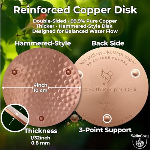 Bird Bath Copper Disk & Maintenance Set, 2 Hammered Style 0.8mm, 99.9% Pure Copper Plate, Rustic Birdbath Accessories for Bowl and Fountain, Supports Easy Maintenance, Safe for Birds