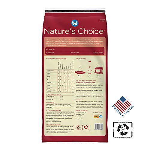 Blue Seal Nature's Choice Wild Bird Seed | High Energy Mix, No Filler | Sunflower and White Safflower Seeds | Attracts Variety of Wild Outside Birds | Shell-Free Mix | Made in USA | 8 Pound Bag