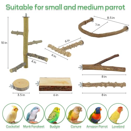 7PCS Natural Wood Bird Perches for Cage, Bird Parrot Parakeet Perch Stand, Bird Parakeet Cage Accessories, for Cockatiels Conure Budgies Small and Medium Parrots