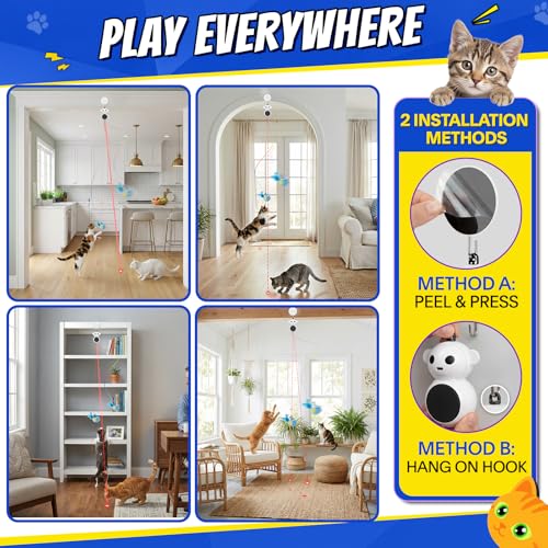 Interactive Cat Toys for Indoor Cats - 2 in 1 Automatic Laser Pointer Cat Toy with Flying Bird，Smart Moving Wand Toy with 2 Modes, Doorway Hanging Toys Safe for Bored Kitten & Adult Cats