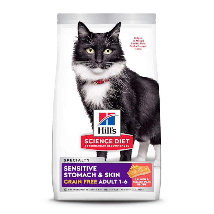 Hill's Science Diet Adult 1-6 Sensitive Stomach & Skin Dry Cat Food, Grain Free Salmon & Yellow Peas, 13 lb. Bag (Updated Formula)