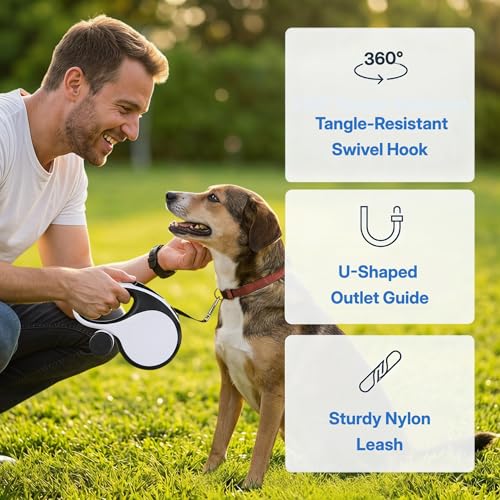 Retractable Dog Leash 26FT for Large Dogs up to 110lbs, Extra Long Strong Nylon Tape, 360° Tangle-Free, One-Handed Brake&Lock, with Poop Bag