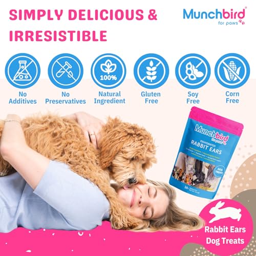 Munchbird Dehydrated Rabbit Ears 100g (3.5 oz) 12-15 pcs for Dogs, European Furry Rabbit Ear Natural Fiber for Pets, Rawhide Free Alternative to Pig Ears Dog Treats, Ear Size Varies