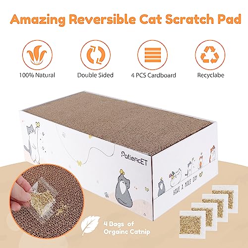 PatiencET Cat Scratch Pad with Box, 4 Pack Cardboard Cat Scratcher Lounge Bed for Indoor Cats, Reversible Corrugated Scratching Board Refill with Catnip