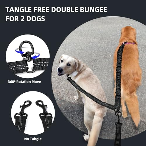 Uppetly Hands Free Double Dog Leash with Pouch, Dual Leash for 2 Dogs with Reflective Padded Handles, Durable Bungee and Lumbar Waist Belt for