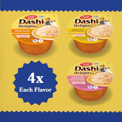 INABA Dashi Delights for Cats, Shredded Chicken Side Dish with Bonito Flake Broth, Cat Food Complement with Taurine & Green Tea Extract, 2.5 Ounce