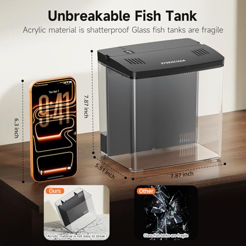 Desktop Fish Tank, 1.2 Gallon Self-Cleaning Smart Aquarium with Filter & 5-Color LED Light, Auto-Cycling Quiet Pump for Betta, Shrimp, Guppy, Goldfish