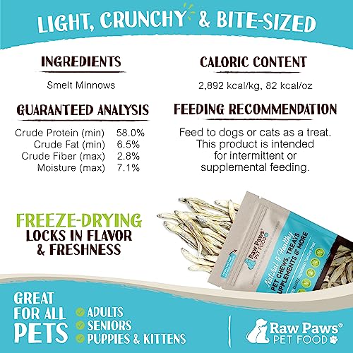 Raw Paws Smelt Freeze Dried Minnows for Cats & Dogs, 2-oz - Made in USA - Freeze Dried Fish for Cats - Single Ingredient Fish Dog Treats - Minnows Dog Treats