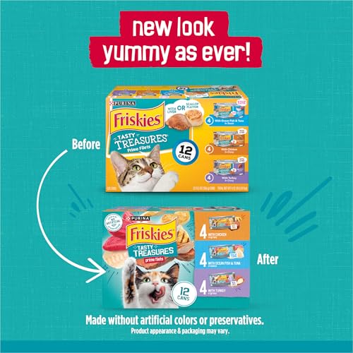 Purina Friskies Wet Cat Food Variety Pack, Tasty Treasures  Filets (With Ocean Fish and Tuna, With Chicken and With Turkey) - 5.5 Ounce (Pack of 12)