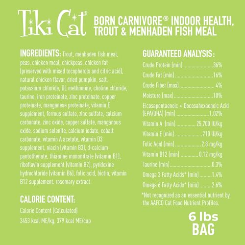 Tiki Cat Born Carnivore Indoor Health, Trout & Menhaden Fish Meal, Grain-Free Baked Kibble to Maximize Nutrients, Dry Cat Food, 6 Lbs. Bag