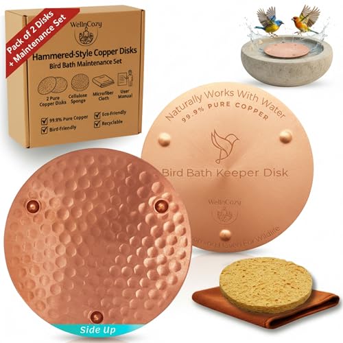 Bird Bath Copper Disk & Maintenance Set, 2 Hammered Style 0.8mm, 99.9% Pure Copper Plate, Rustic Birdbath Accessories for Bowl and Fountain, Supports Easy Maintenance, Safe for Birds