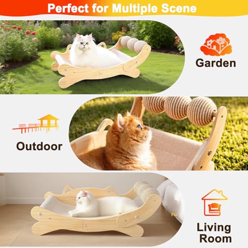 3-in-1 Cat Scratcher Bed for Indoor Cats Sisal Scratcher & Hammock Lounge with Solid Wooden Perch, No-Tip Stable Base for Large Cats ，Durable Cat Scratch Pad & Cat Furniture (Easy Assembly)