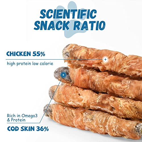 Pawmate Dog Treats Chicken Wrapped Cod Fish Skin Sticks, Healthy High Protein Omega3 Cod Twist Dog Chews Real Chicken Wrap Teeth Cleaning for Large Medium Small Breeds, 10.6 oz