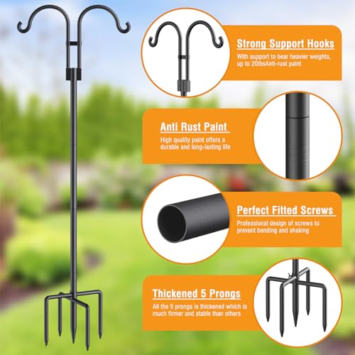 Relx Bird Feeder Pole - Adjustable Double Shepherds Hooks for Bird Feeder with 5 Prong Base - 76 Inch Heavy Duty Shepherds Hooks for Outdoor,Hanging Garden Plant,Solar Light Lanterns