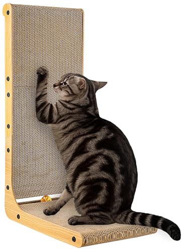 Cat Scratcher, 26.8 Inch L-Shaped Cat Scratch Pad with Wall-Friendly Arc, Cardboard Cat Scratching Board with Ball Toy for Indoor Cats