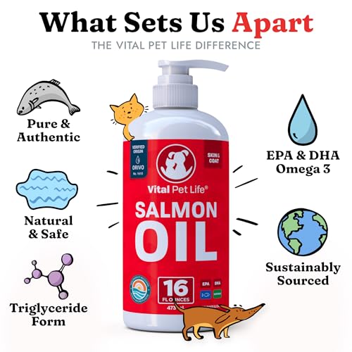 Salmon Oil for Dogs & Cats - Healthy Skin & Coat, Fish Oil, Omega 3 EPA DHA, Liquid Food Supplement for Pets, Supports Joint & Bone Health, Natural Allergy & Inflammation Defense, 16 oz