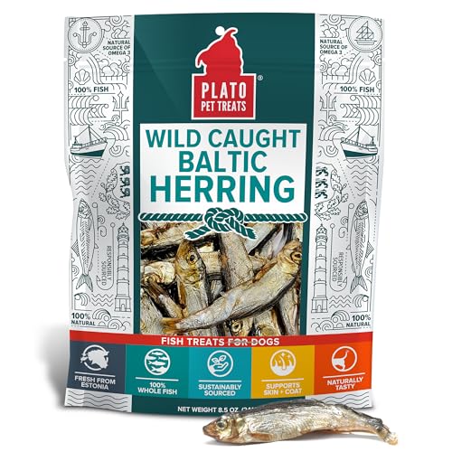 Plato Pet Treats Fish Dog Treats - Air-Dried, Single Ingredient Dog Treat - with Omega 3 & 6 Fatty Acids to Support Skin and Coat - 100% Whole Fish - Wild Caught Baltic Herring Dog Treats - 8.5 oz