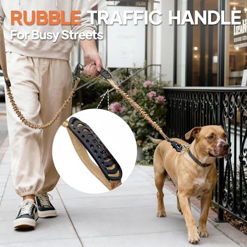 Twoear Heavy Duty Dog Leash for Large Dogs that Pull, 4-7FT Shock Absorbing Bungee Leash with Traffic Handle, Metal Frog Clip, Car Seatbelt