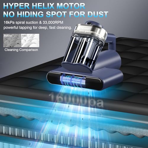 Mattress Vacuum Bed Vacuum Cleaner with 253.7nm UV-C Light, Hyper Helix Motor with 16kPa Strong Suction & 33000 RPM/Min Tapping, HEPA Filter, 149℉