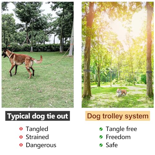 XiaZ Dog Camping Leash, 50ft Portable Overhead Trolley System for Dogs up to 200lbs, Dog Tie Out Cable, Camping, Parks, Outdoor Events,5 min