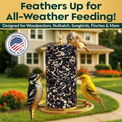 All Year Round Bird Seed Cylinders with Hole – All Season Wild Bird Food for Blue Jays, Cardinals, Doves, Finches & More – Balanced High Energy All Natural Blend, No Fillers – USA Made (4" x 7.75")