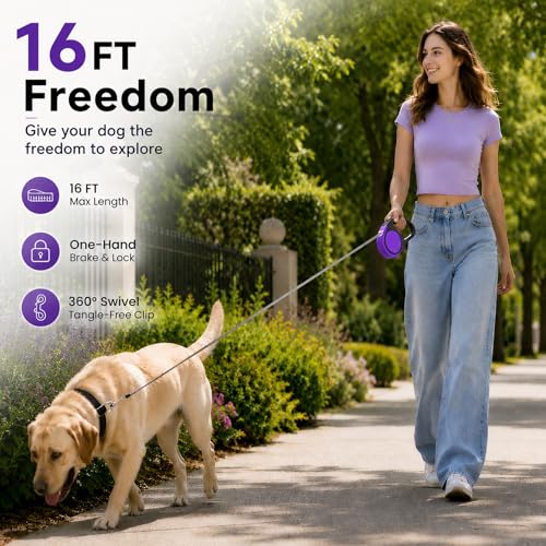 Heavy Duty Retractable Dog Leash-16ft Strong & Durable Walking Leash for S to L Dogs up to 45/115 lbs, Upgraded Lock System, Non Slip Grip, Tangle