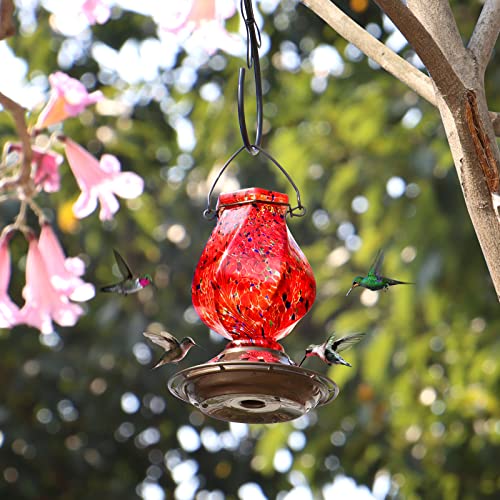 BOLITE Hummingbird Feeder, Hand Blown Glass Hummingbird Feeders for Outdoors Hanging with Ant Moat, 5 Bee-Proof Ports, Leak-Proof, 360° Perch, 22oz, Red, Gifts for Women Men, Gifts for Mom Dad