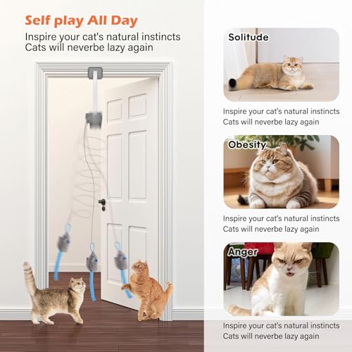 Interactive Cat Toy, Rechargeable Electric Cat Teaser, Hanging Door cat Toy, 2 Motion Modes (360° Spin & Irregular Jumping), Smart Auto Cat Toy for Exercise & Fun, Grey