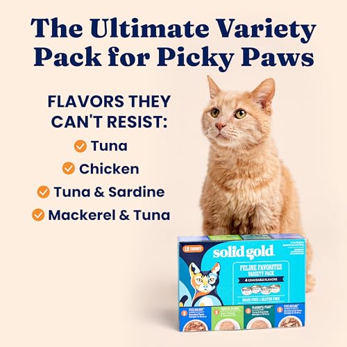Solid Gold Wet Cat Food Variety Pack - Pate & Shreds in Gravy - Healthy Canned Cat Food Pate w/Real Chicken, Tuna, Mackerel & Sardine - Grain Free