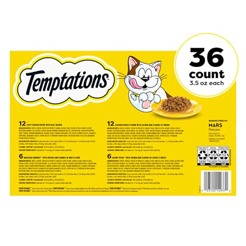 Temptations Bites in Gravy Adult Wet Cat Food Tasty Chicken Entree, Seafood Medley, Backyard Cookout, and Catnip Fever, 3.5 oz. Trays (36 Count, Pack