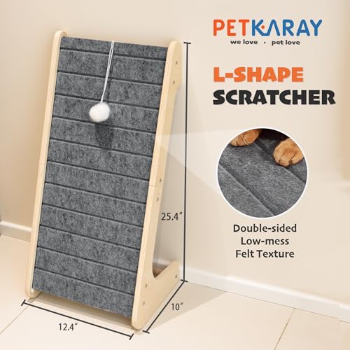 PETKARAY Felt Cat Scratcher, L Shaped Scratching Pad, Scratch Resistant Carpet Scratcher Ramp, Slot-Free Scratch Board with Toy Ball, Dark Grey