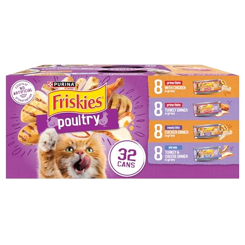 Purina Friskies Gravy Wet Cat Food Variety Pack, Poultry Shreds, Meaty Bits and  Filets - (Pack of 32) 5.5 oz. Cans