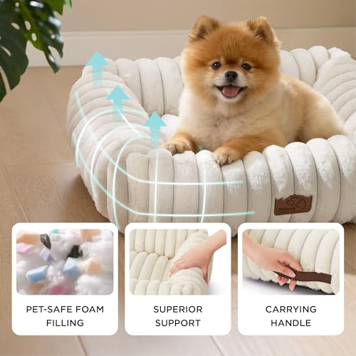 Bedsure ComfyFleece Cute Dog Bed for Small Medium Dogs - Washable Furry Puppy Beds, Rectangle Orthopedic Corduroy Fleece Pet Beds with Removable Zipper Cover, 25x21x7inches, Cream