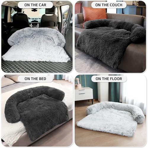 Calming Dog Bed Fluffy Plush Dog Mat for Furniture Protector with Removable Washable Cover for Large Medium Small Dogs and Cats (Large, Light Grey)