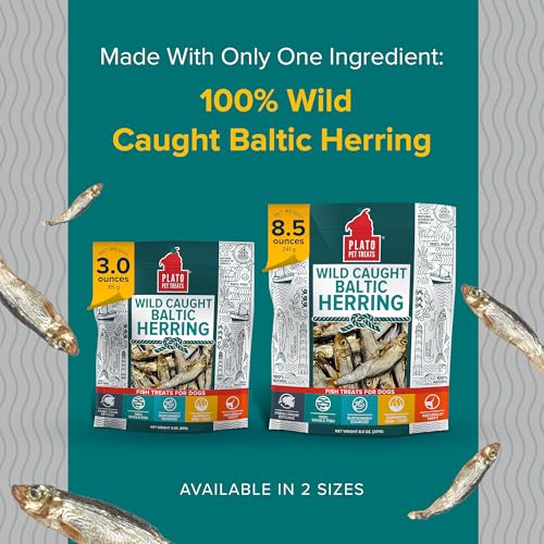 Plato Pet Treats Fish Dog Treats - Air-Dried, Single Ingredient Dog Treat - with Omega 3 & 6 Fatty Acids to Support Skin and Coat - 100% Whole Fish - Wild Caught Baltic Herring Dog Treats - 8.5 oz