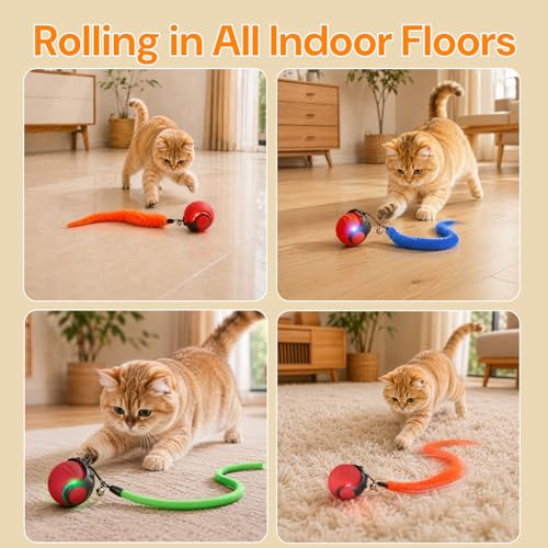 Geamen Interactive Cat Toys with Bird Sounds & 3 Speed Modes, Rechargeable Automatic Moving Cat Toy with 3 Tails, Fast Charging Smart Rolling Ball