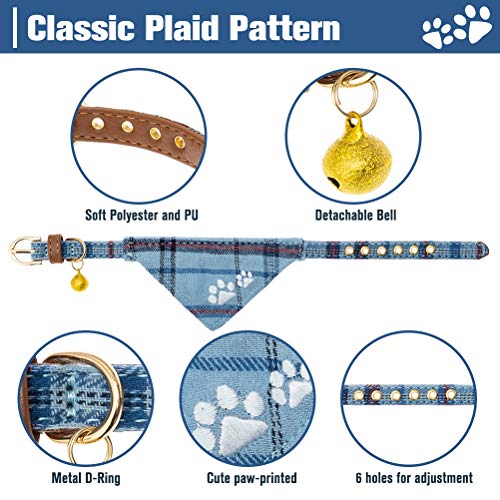 EXPAWLORER Puppy Collar and Leash Set - Embroidery Pawprints Plaid Dog Collar and Dog Leash Set, Bow Tie and Bandana Dog Collar with Bell, Cute