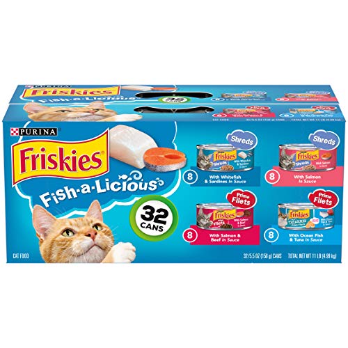 Purina Friskies Wet Cat Food Variety Pack Fish-A-Licious Extra Gravy,  Filets and Tasty Treasures - (Pack of 32) 5.5 oz. Cans