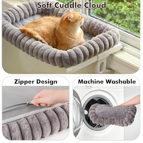 Cloud-Cuddle Cat Window Perch with 4-Sided Bolster, Zipper Design Cushion Window Seat for Window Sill, Sturdy Metal Frame & Easy Assembly Pet Hammock Bed for Indoor Cats (Gray, Large)