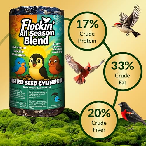 All Year Round Bird Seed Cylinders with Hole – All Season Wild Bird Food for Blue Jays, Cardinals, Doves, Finches & More – Balanced High Energy All Natural Blend, No Fillers – USA Made (4" x 7.75")