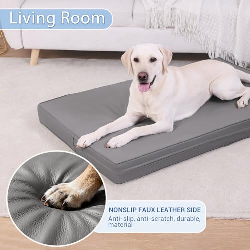 Vonabem Large Dog Bed Waterproof Outdoor, XL Crate Pad 42 inch Washable, Leather Pet beds with Removable Cover, Foam Orthopedic Anti-Slip XLarge Kennel Pads Reversible Wipeable, 41"x27" Grey