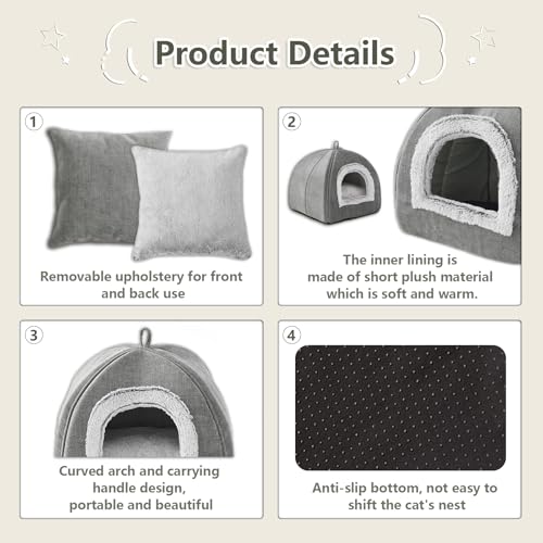 Cat Bed Cave-Cat Beds for Indoor Cats,Kittens and Small Pets,Soft and Warm Cats House Tent Bed,Foldable and Washable with Removable Cushioned and Anti Slip Bottom,Grey 15inches