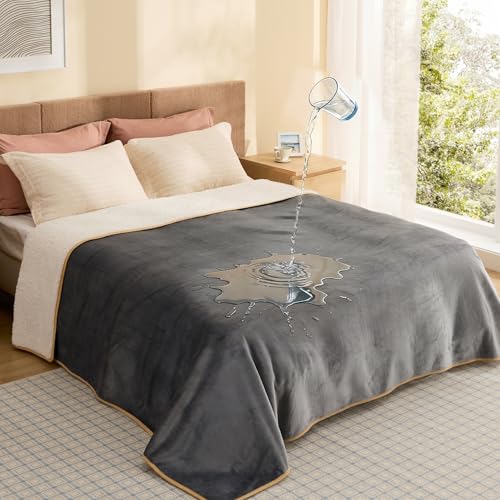 Bedsure Waterproof Blanket for Bed - Sherpa Fleece Waterproof Dog Blankets for Large Dogs, Pet Blankets for Bed/Couch, Soft Plush Reversible Furniture Protector, King Size, 108"x86", Grey