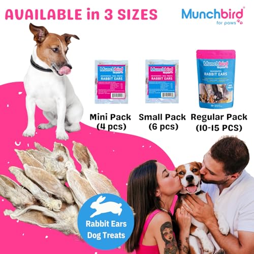 Munchbird Dehydrated Rabbit Ears 100g (3.5 oz) 12-15 pcs for Dogs, European Furry Rabbit Ear Natural Fiber for Pets, Rawhide Free Alternative to Pig Ears Dog Treats, Ear Size Varies