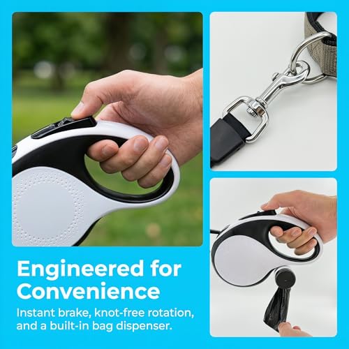 Retractable Dog Leash 26FT for Large Dogs up to 110lbs, Extra Long Strong Nylon Tape, 360° Tangle-Free, One-Handed Brake&Lock, with Poop Bag